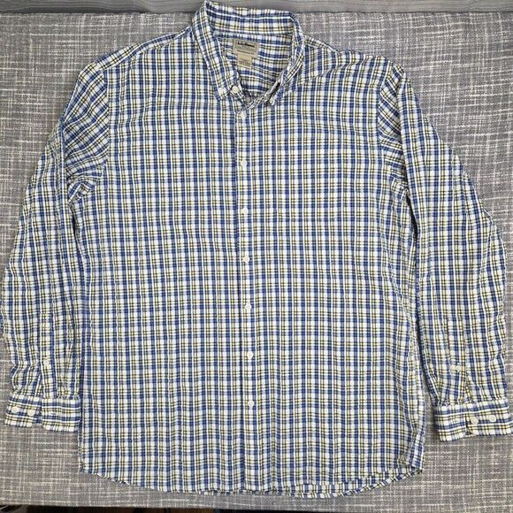 LL Bean Seersucker Textured Shirt Blue Yellow Plaid Button Down Men's LT - Picture 10 of 13